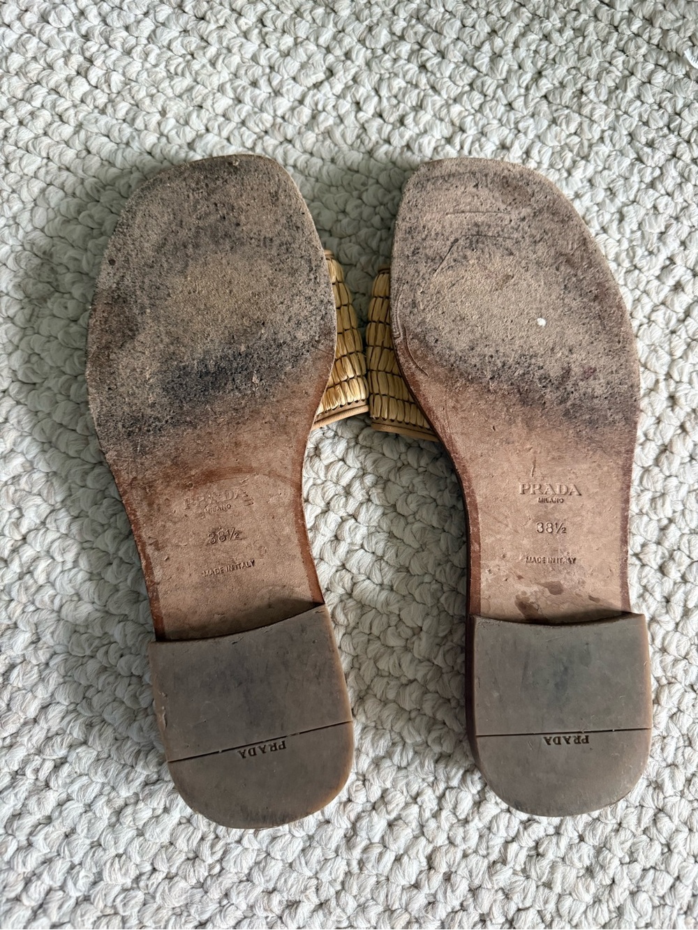 Prada Beige Raffia Slide Sandals with Gold Logo - Picture 6 of 6